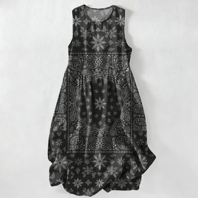 Buddha Stones Summer Casual Bandana Paisley Floral Pattern Women's Summer Sleeveless Midi Dress With Pockets - Black - US16，UK/AU20，EU48 (3XL) - image 0