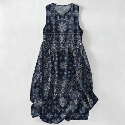 Buddha Stones Summer Casual Bandana Paisley Floral Pattern Women's Summer Sleeveless Midi Dress With Pockets - Navy - US16，UK/AU20，EU48 (3XL) - image 4