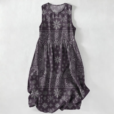Buddha Stones Summer Casual Bandana Paisley Floral Pattern Women's Summer Sleeveless Midi Dress With Pockets - Indigo - US16，UK/AU20，EU48 (3XL) - image 5