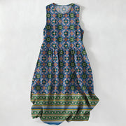 Foviel Sommer Casual Blau Böhmische geometrische Border Muster Damen Sommer Ärmellos Midi-Kleid mit Taschen