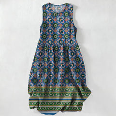 Buddha Stones Summer Casual Blue Bohemian Geometric Border Pattern Women's Summer Sleeveless Midi Dress With Pockets - DarkBlue - US16，UK/AU20，EU48 (3XL) - image 0