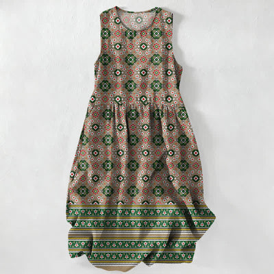Buddha Stones Summer Casual Blue Bohemian Geometric Border Pattern Women's Summer Sleeveless Midi Dress With Pockets - DarkGoldenrod - US16，UK/AU20，EU48 (3XL) - image 5