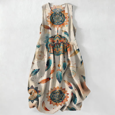 Buddha Stones Summer Casual Bohemian Mandala Feather Pattern Women's Summer Sleeveless Midi Dress With Pockets - Gainsboro - US16，UK/AU20，EU48 (3XL) - image 0