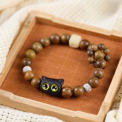 Buddha Stones Ebony Wood Lucky Cat Grounding Beaded Bracelet - Black Lucky Cat - image 0