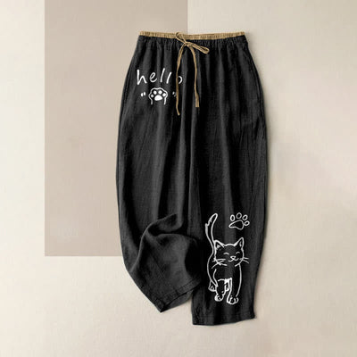 Buddha Stones Pure Cotton Hello Cat Paw Pattern Women's Elastic Waist Pants With Pockets - Black - US16，UK/AU20，EU48 (3XL) - image 0