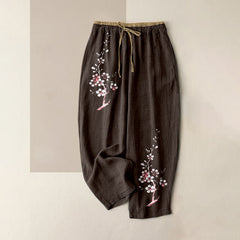 Buddha Stones Pure Cotton Oriental Blossom Branch Pattern Women's Elastic Waist Pants With Pockets - SaddleBrown - US16，UK/AU20，EU48 (3XL) - image 0