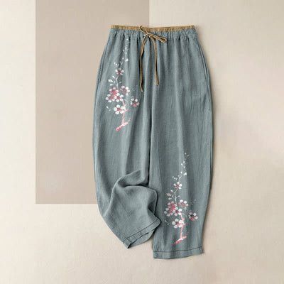 Buddha Stones Pure Cotton Oriental Blossom Branch Pattern Women's Elastic Waist Pants With Pockets - CadetBlue - US16，UK/AU20，EU48 (3XL) - image 5