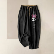 Foviel reine Baumwolle Zen Lotus Om Muster Damen elastische Taille Hosen mit Taschen