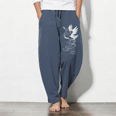 Buddha Stones Pure Cotton White Crane Pattern Drawstring Men's Tapered Pants With Pockets - SteelBlue - US/UK/AU50，EU60 (5XL) - image 0