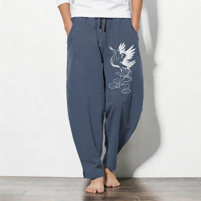 Buddha Stones Pure Cotton White Crane Pattern Drawstring Men's Tapered Pants With Pockets - SteelBlue - US/UK/AU50，EU60 (5XL) - image 0