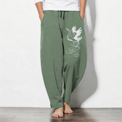 Buddha Stones Pure Cotton White Crane Pattern Drawstring Men's Tapered Pants With Pockets - DarkSeaGreen - US/UK/AU50，EU60 (5XL) - image 7