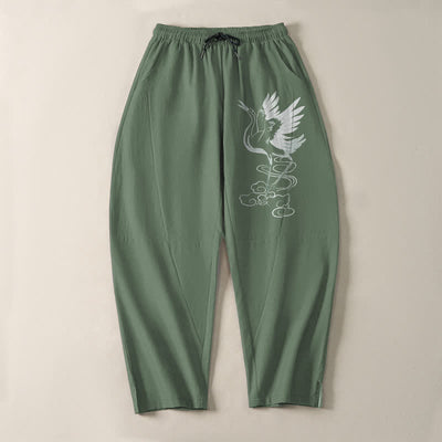 Buddha Stones Pure Cotton White Crane Pattern Drawstring Men's Tapered Pants With Pockets - image 9
