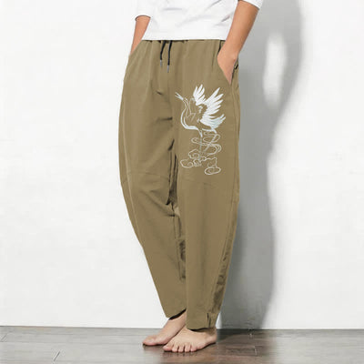 Buddha Stones Pure Cotton White Crane Pattern Drawstring Men's Tapered Pants With Pockets - image 15