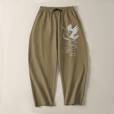 Buddha Stones Pure Cotton White Crane Pattern Drawstring Men's Tapered Pants With Pockets - image 16