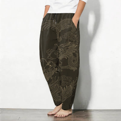 Buddha Stones Pure Cotton Golden Dragon Cloud Pattern Drawstring Men's Tapered Pants With Pockets - image 1