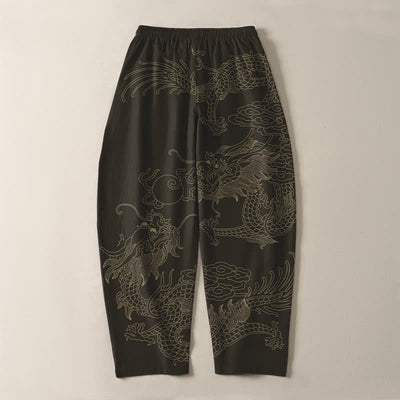 Buddha Stones Pure Cotton Golden Dragon Cloud Pattern Drawstring Men's Tapered Pants With Pockets - Black - US/UK/AU50，EU60 (5XL) - image 3