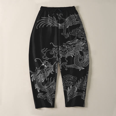 Buddha Stones Pure Cotton Golden Dragon Cloud Pattern Drawstring Men's Tapered Pants With Pockets - image 9
