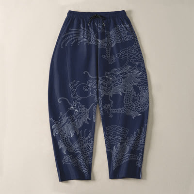 Buddha Stones Pure Cotton Golden Dragon Cloud Pattern Drawstring Men's Tapered Pants With Pockets - image 16