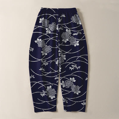Buddha Stones Pure Cotton White Floral Vine Pattern Drawstring Men's Tapered Pants With Pockets - image 3