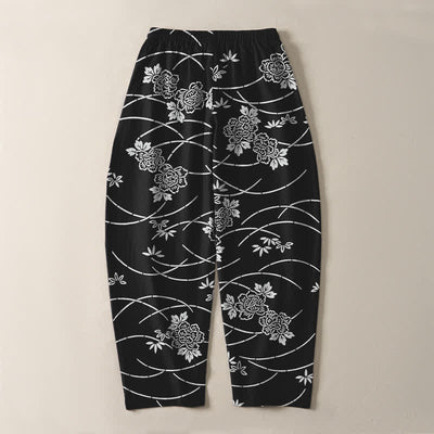 Buddha Stones Pure Cotton White Floral Vine Pattern Drawstring Men's Tapered Pants With Pockets - image 10