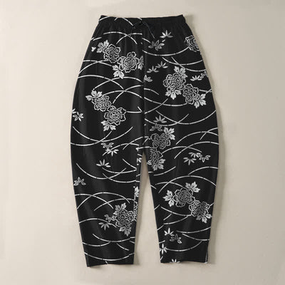Buddha Stones Pure Cotton White Floral Vine Pattern Drawstring Men's Tapered Pants With Pockets - image 9