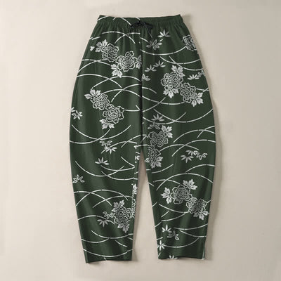 Buddha Stones Pure Cotton White Floral Vine Pattern Drawstring Men's Tapered Pants With Pockets - image 13