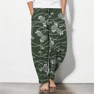 Buddha Stones Pure Cotton White Floral Vine Pattern Drawstring Men's Tapered Pants With Pockets - ForestGreen - US/UK/AU50，EU60 (5XL) - image 11