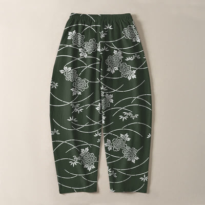 Buddha Stones Pure Cotton White Floral Vine Pattern Drawstring Men's Tapered Pants With Pockets - image 14
