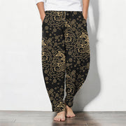 Foviel Pure Cotton Golden Koi Fish Floral Pattern Drawstring Men's Tapered Pants With Pockets