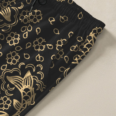 Buddha Stones Pure Cotton Golden Koi Fish Floral Pattern Drawstring Men's Tapered Pants With Pockets - image 4