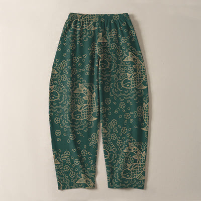 Buddha Stones Pure Cotton Golden Koi Fish Floral Pattern Drawstring Men's Tapered Pants With Pockets - image 14