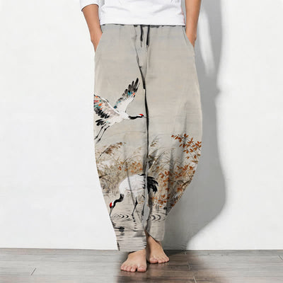 Buddha Stones Pure Cotton Ink Wash Crane Reeds Pattern Drawstring Men's Tapered Pants With Pockets - Beige - US/UK/AU50，EU60 (5XL) - image 0