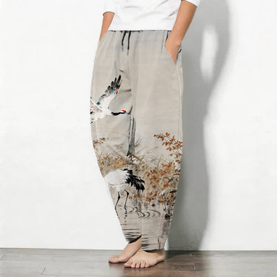 Buddha Stones Pure Cotton Ink Wash Crane Reeds Pattern Drawstring Men's Tapered Pants With Pockets - image 1