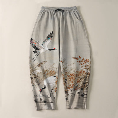 Buddha Stones Pure Cotton Ink Wash Crane Reeds Pattern Drawstring Men's Tapered Pants With Pockets - image 2