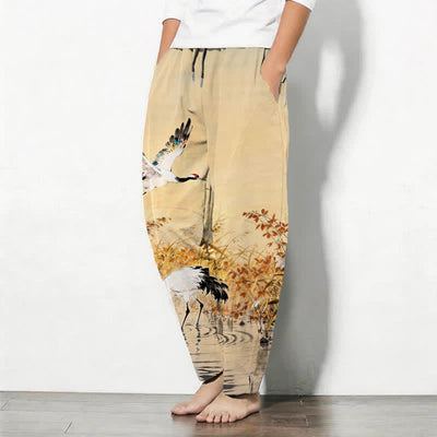 Buddha Stones Pure Cotton Ink Wash Crane Reeds Pattern Drawstring Men's Tapered Pants With Pockets - image 8