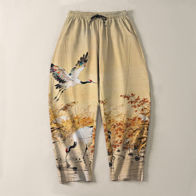 Buddha Stones Pure Cotton Ink Wash Crane Reeds Pattern Drawstring Men's Tapered Pants With Pockets - image 9