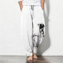 Buddha Stones Pure Cotton Ink Crane Reed Pattern Drawstring Men's Tapered Pants With Pockets - White - US/UK/AU50，EU60 (5XL) - image 0