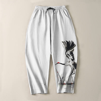 Buddha Stones Pure Cotton Ink Crane Reed Pattern Drawstring Men's Tapered Pants With Pockets - image 2