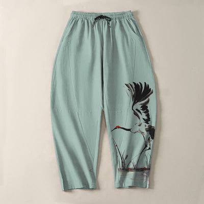 Buddha Stones Pure Cotton Ink Crane Reed Pattern Drawstring Men's Tapered Pants With Pockets - image 9