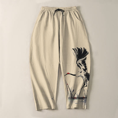 Buddha Stones Pure Cotton Ink Crane Reed Pattern Drawstring Men's Tapered Pants With Pockets - image 13