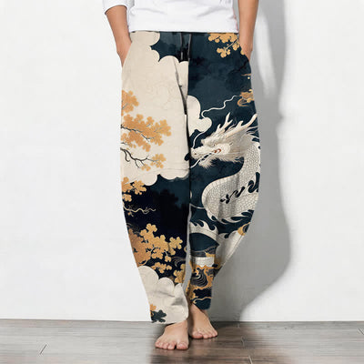 Buddha Stones Pure Cotton Eastern Dragon Cloud Pattern Drawstring Men's Tapered Pants With Pockets - Navy - US/UK/AU50，EU60 (5XL) - image 0