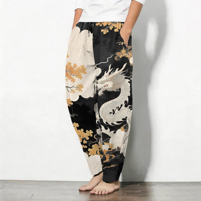 Buddha Stones Pure Cotton Eastern Dragon Cloud Pattern Drawstring Men's Tapered Pants With Pockets - image 12