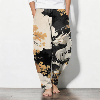 Buddha Stones Pure Cotton Eastern Dragon Cloud Pattern Drawstring Men's Tapered Pants With Pockets - Black - US/UK/AU50，EU60 (5XL) - image 11