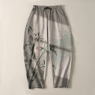 Buddha Stones Pure Cotton Ink Bamboo Pattern Drawstring Men's Tapered Pants With Pockets - image 2