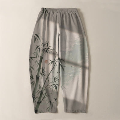 Buddha Stones Pure Cotton Ink Bamboo Pattern Drawstring Men's Tapered Pants With Pockets - image 3
