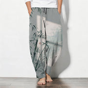Foviel Pure Cotton Ink Bamboo Pattern Drawstring Men's Tapered Pants With Pockets
