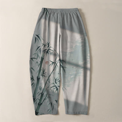 Buddha Stones Pure Cotton Ink Bamboo Pattern Drawstring Men's Tapered Pants With Pockets - image 10