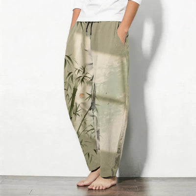 Buddha Stones Pure Cotton Ink Bamboo Pattern Drawstring Men's Tapered Pants With Pockets - image 12