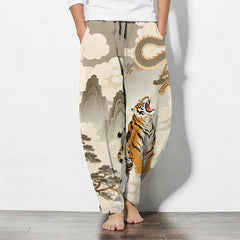 Buddha Stones Pure Cotton Tiger Dragon Landscape Pattern Drawstring Men's Tapered Pants With Pockets - Tan - US/UK/AU50，EU60 (5XL) - image 0
