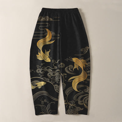 Buddha Stones Pure Cotton Golden Koi Fish Wave Pattern Drawstring Men's Tapered Pants With Pockets - image 3